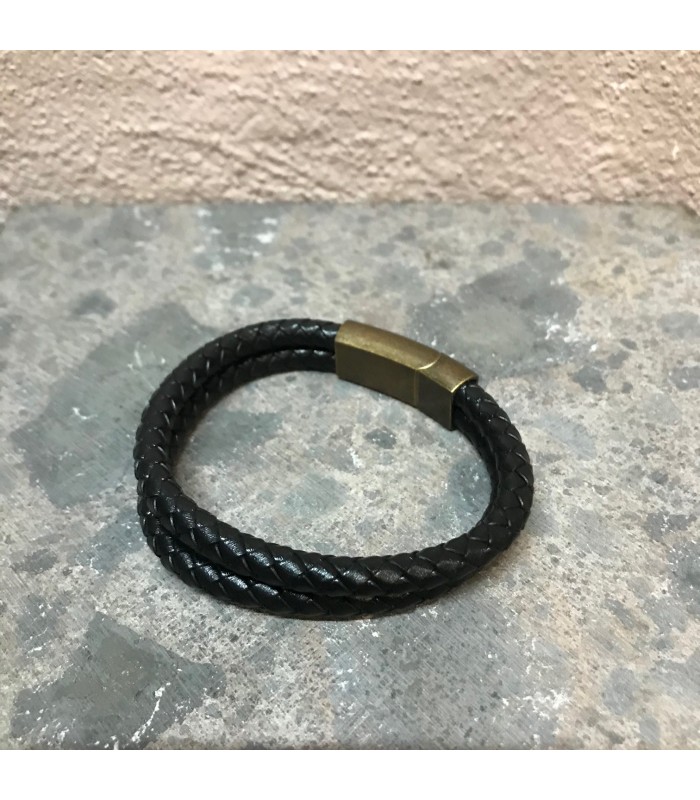 Bracelet cuir double, fermoire acier à aimants