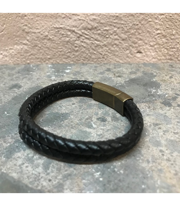 Bracelet cuir double, fermoire acier à aimants