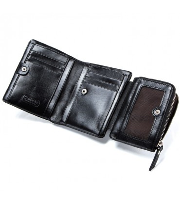 Porte-feuille 100% cuir 3 volets cuir véritable Noir avec fenêtre carte porte monnaie