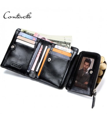 Porte-feuille 100% cuir 3 volets cuir véritable Noir avec fenêtre carte porte monnaie