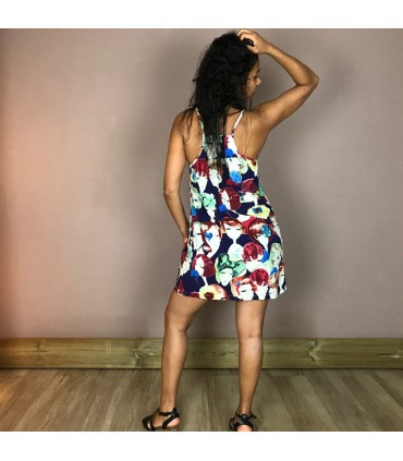 Robe courte col V MCD17 bretelles fines réglables Meltingpot , en viscose imprimé