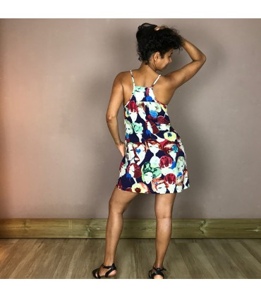 Robe courte col V MCD17 bretelles fines réglables Meltingpot , en viscose imprimé