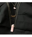 Collier multi rang en zinc doré, pendentif en quartz rose et breloque plume