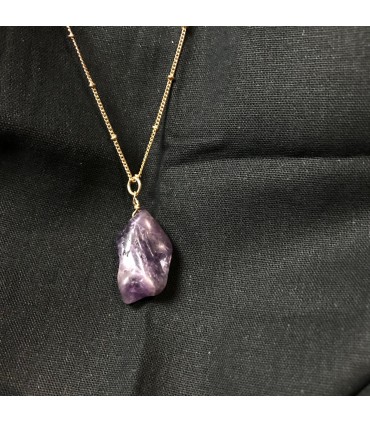 Collier Multi rang en zinc doré, pendentif en Améthyste et breloques triangles et tubes