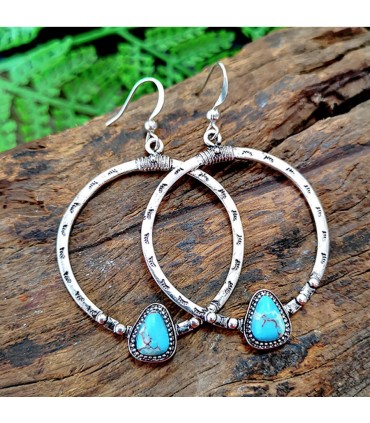 Boucles d'oreilles en alliage de zinc, grand cercle métal orné d'une pierre howlite bleu, style créole avec pendant