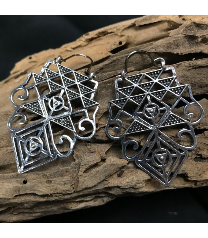Boucles d'oreilles pendantes en zinc, Triangle de Sri Yantra, géométrie sacrée, Bienfaits énergétiques