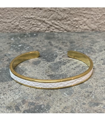 Jonc en acier inoxydable doré et cuir blanc