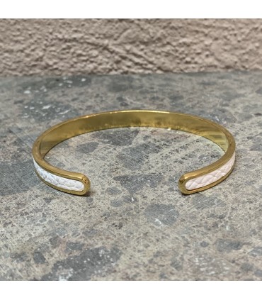 Jonc en acier inoxydable doré et cuir blanc