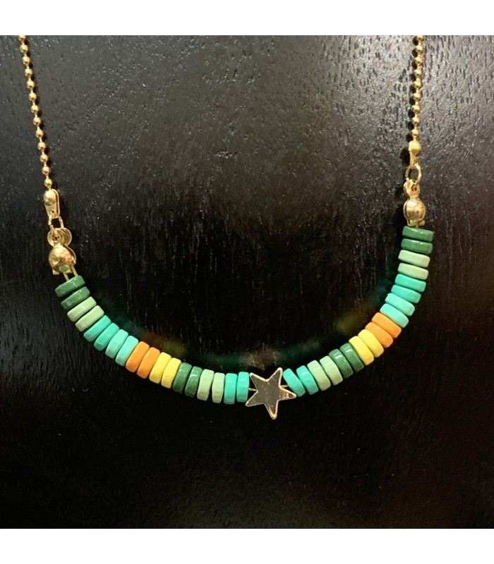 Collier pendentif étoile dorée assemblé à des perles Tila (vertes, jaunes, oranges), style Boho, ras de cou en acier inoxydable