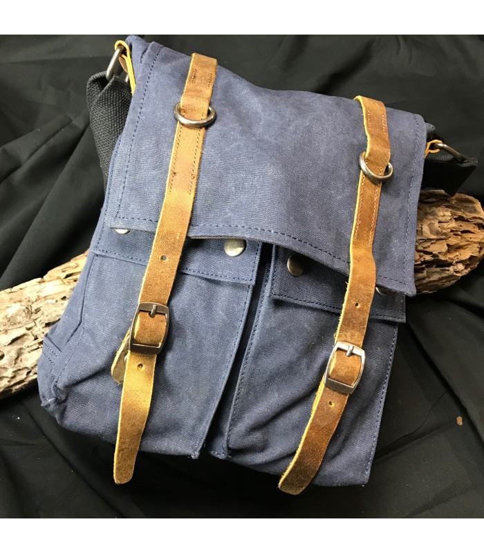 Sac postier canvas bleu et cuir