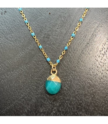 Collier en acier inoxydable doré/émaillé Bleu et son pendentif rond en pierre Bleue