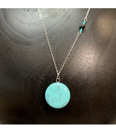Collier en acier inoxydable Argent et son pendentif rond en Howlite Bleu turquoise