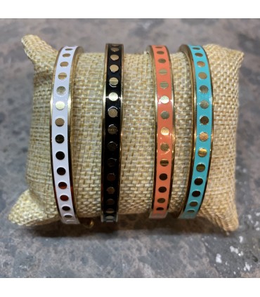 Bracelet en acier inoxydable doré et émail blanc orné de pois doré