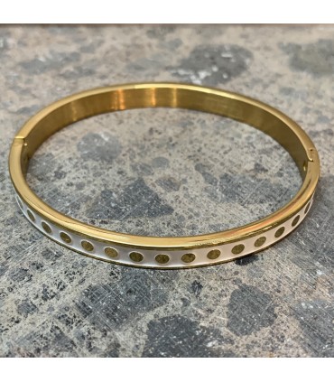 Bracelet en acier inoxydable doré et émail blanc orné de pois doré