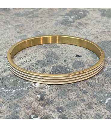 Bracelet acier inoxydable doré et émail Blanc orné de lignes dorées