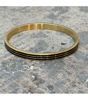 Bracelet acier inoxydable doré et émail black orné de lignes dorées
