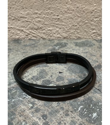 Bracelet cuir double tour, Bi - color noir et marron fermoir mécanique, et apprêt ID noir en acier