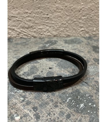 Bracelet cuir double tour, Bi - color noir et marron fermoir mécanique, et apprêt ID noir en acier