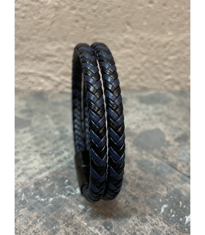 Bracelet cuir tréssé double , Bi-color noir et Bleu, fermoir aimanté