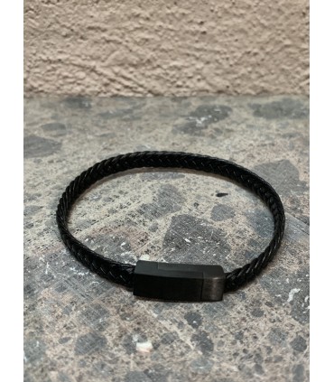 Bracelet cuir tréssé, noir, fermoir aimanté