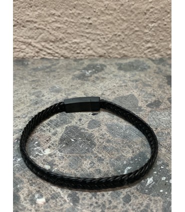 Bracelet cuir tréssé, noir, fermoir aimanté