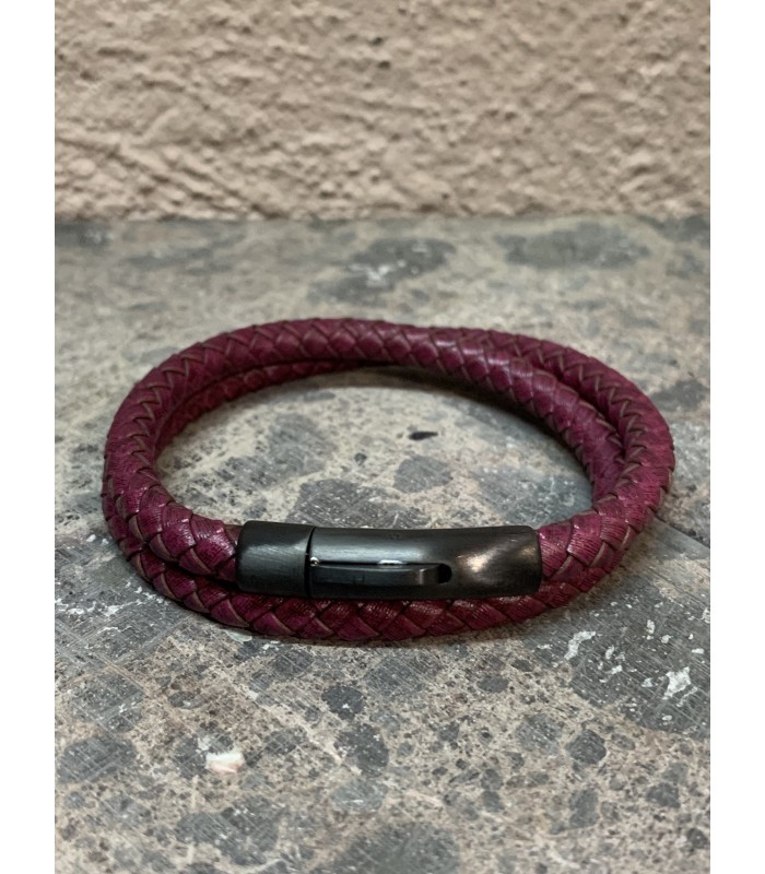 Bracelet cuir tréssé rond double, bordeaux, fermoir acier noir mat