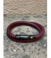 Bracelet cuir tréssé rond double, bordeaux, fermoir acier noir mat