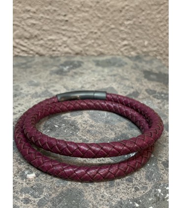 Bracelet cuir tréssé rond double, bordeaux, fermoir acier noir mat