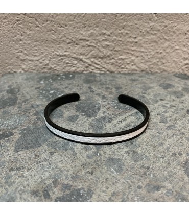 Jonc acier inoxydable noir et cuir blanc