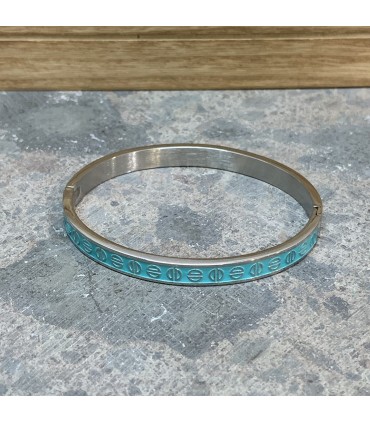 Bracelet acier inoxydable argent et émail bleu Turquoise orné de demis Cercles