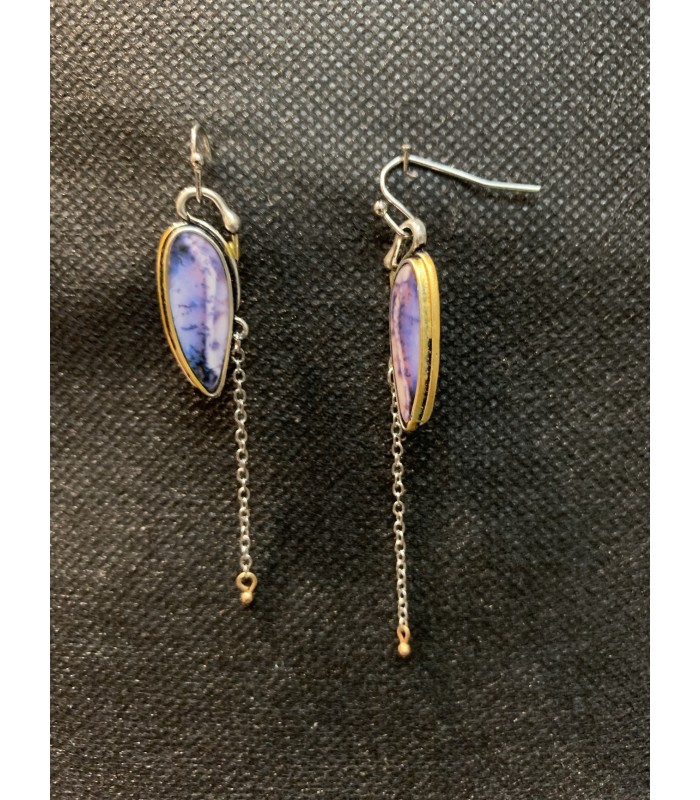 Boucles d'oreilles vintage GRUE, Métal argenté et or , ornées d'une perle bleutée