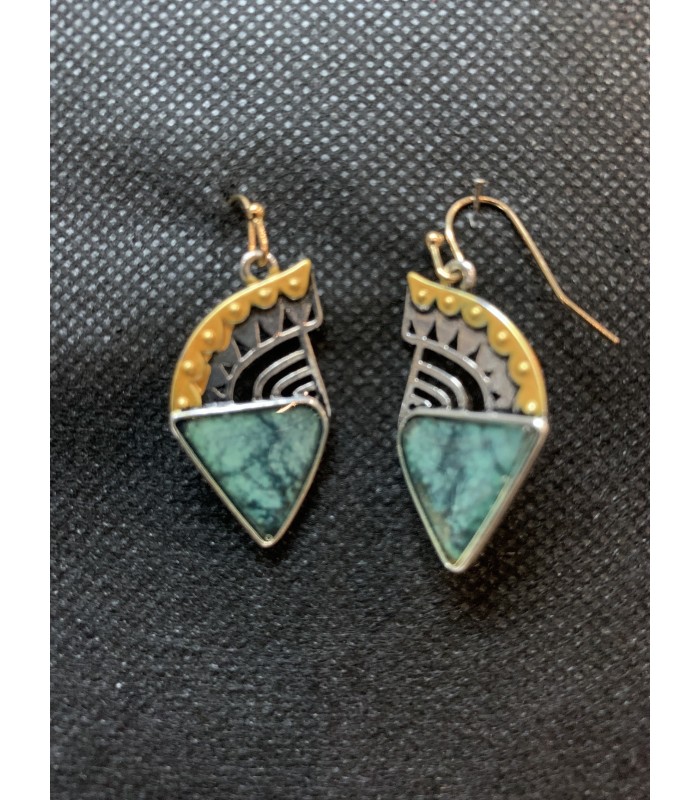 Boucles d'oreilles TRIBALES, Métal argenté et doré ornées de pierre bleue