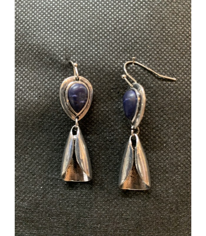 Boucles d'oreilles TRIBALES, Métal argenté  ornées de perle bleue