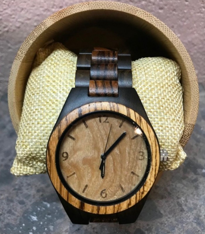 Montre en bois de zebra et d'olivier, bracelet bois